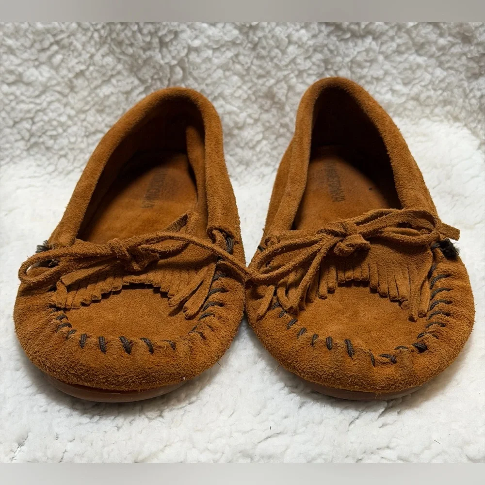 Minnetonka Kid’s Kilty Softsole Suede Leather Comfort Moccasins Tan Size 3